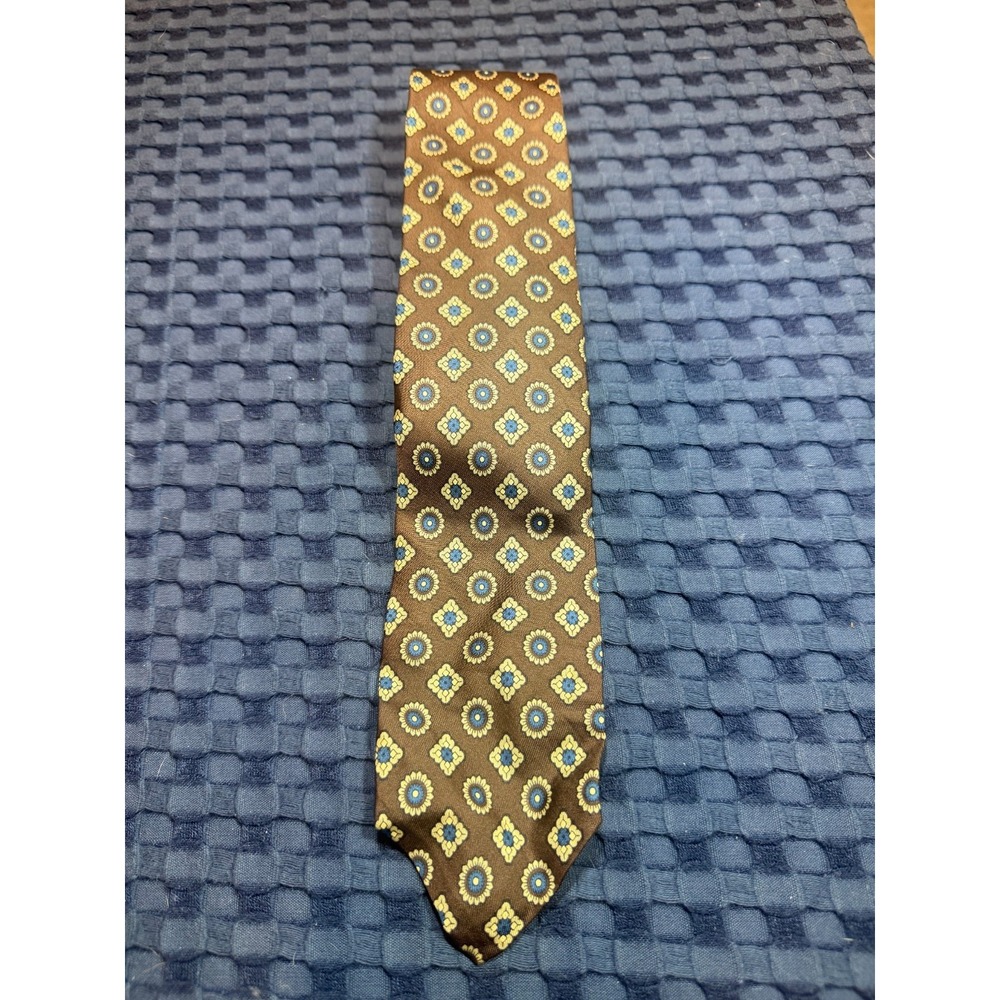 Vtg Robert Talbott 100% Silk Tie Brown, Gold and Blue Made in England Hand Sewn
